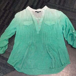 Zac & Rachel White and Green Pleated Blouse with Mandarin Collar